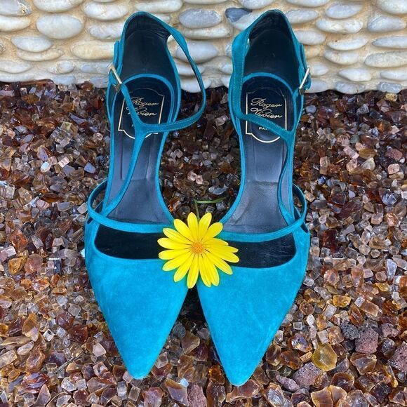 Roger Vivier Paris Teal Blue Suede Shoes/Sandals. Size 8.5. Made in Italy. EUC! - Picture 1 of 10
